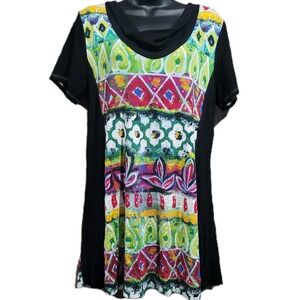 Simply Art by Dolcezza Cowl Neck Tunic Top Size L Short Slv Abstract Art to Wear